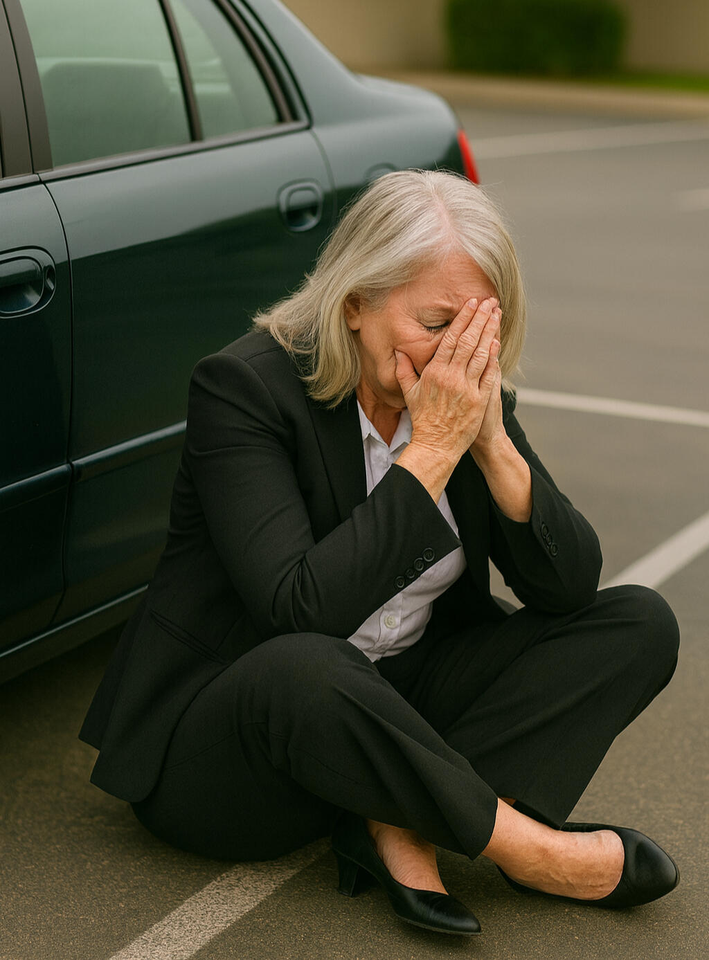 “Older woman in professional clothing sitting beside her car and crying, representing the emotional impact and hidden struggle of women over 50 experiencing vehicle homelessness.”
